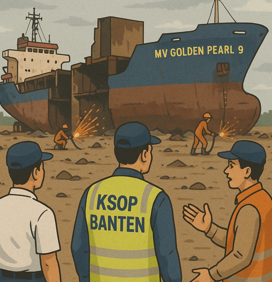 “KSOP Banten Datangi Lahan KPB, Pemotongan Kapal MV Golden Pearl 9 Tetap Jalan” 